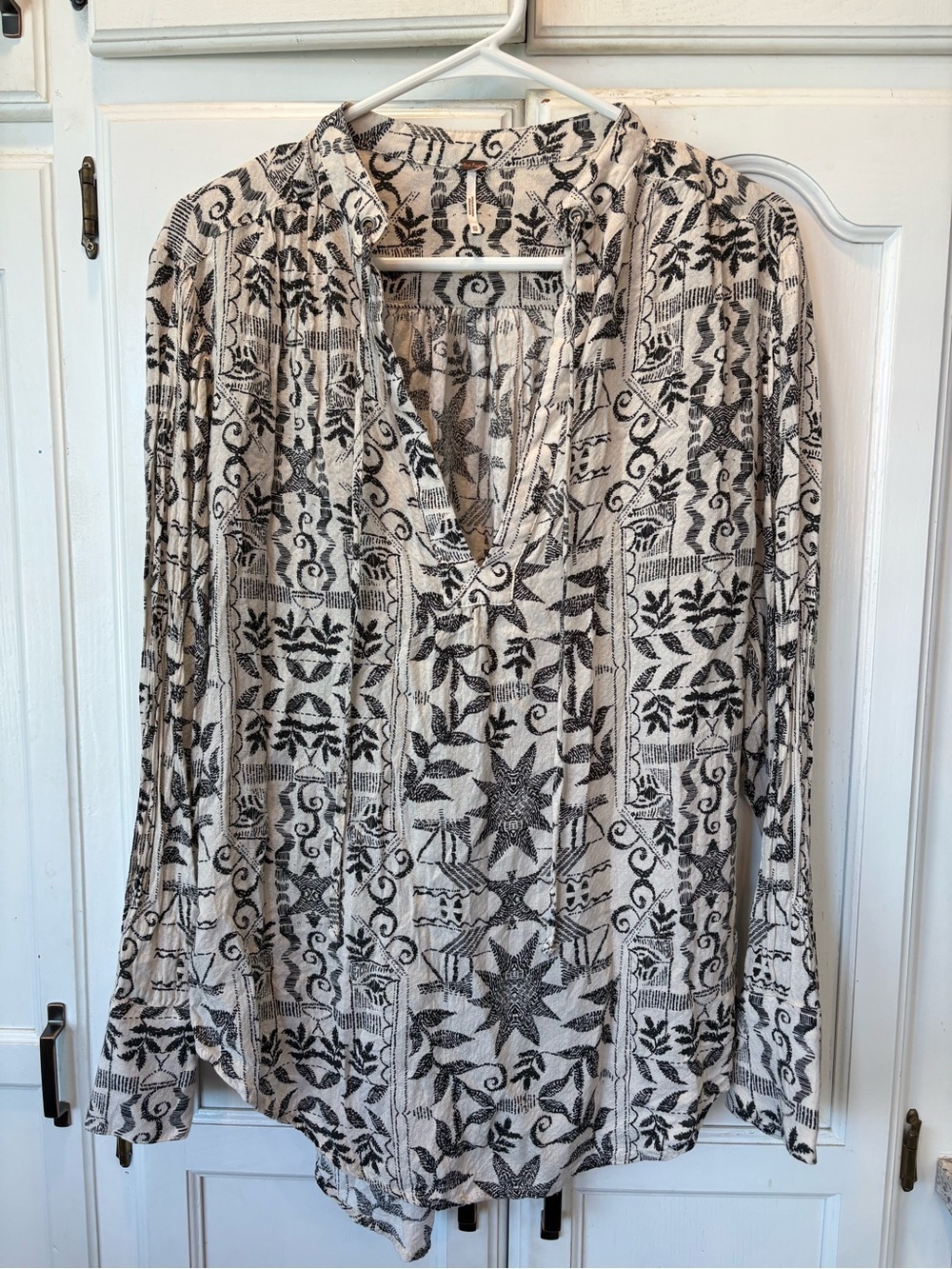 Free People Cream and Black Printed Boho V-Neck Blouse